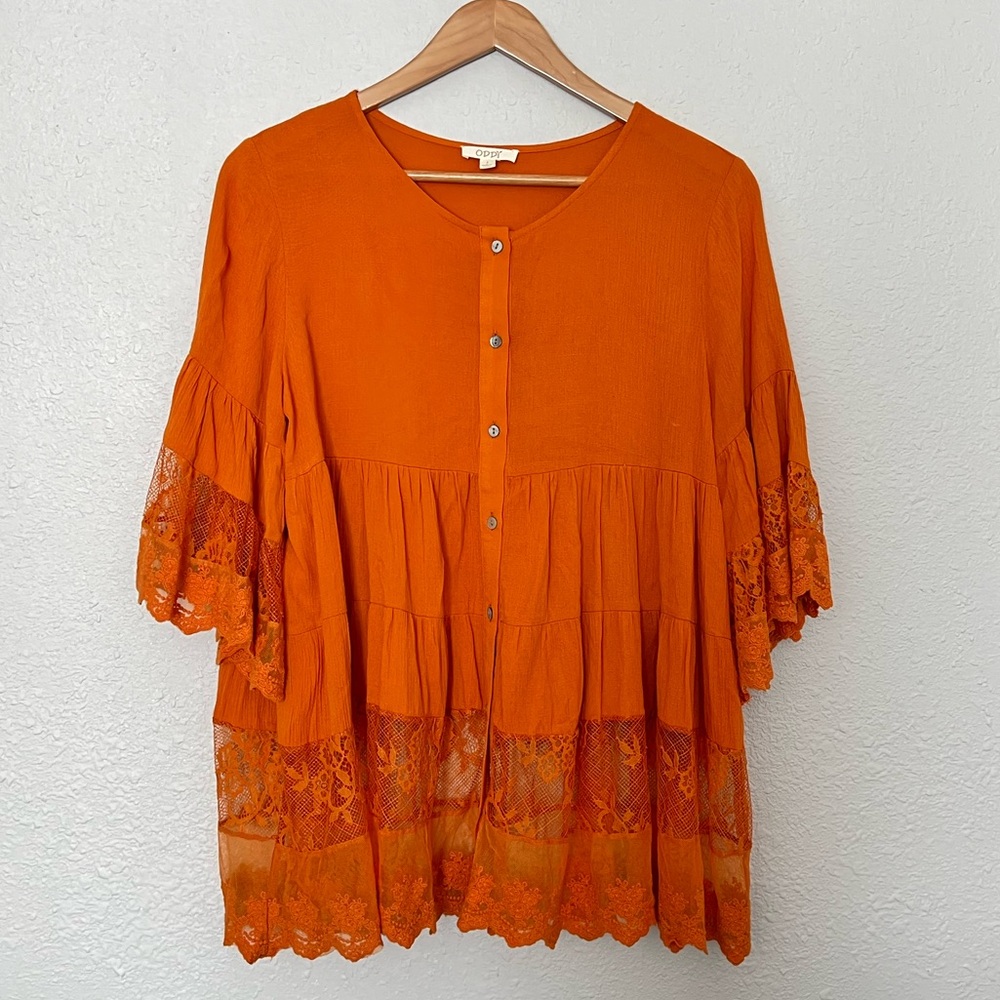 Oddy Burnt Orange Floral Lace Flowy Loose Boho Top Tunic 100% Cotton size Small